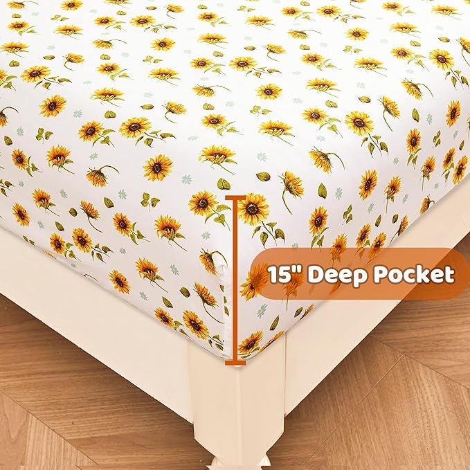 Softan Floral Sheet Set Queen, Sunflower Printed Bed Sheets Queen, Cozy Double Brushed Microfiber Fitted Sheet with 15" Deep Pocket and Corner Straps, Cute Yellow Flower Sheet & Pillowcase Sets