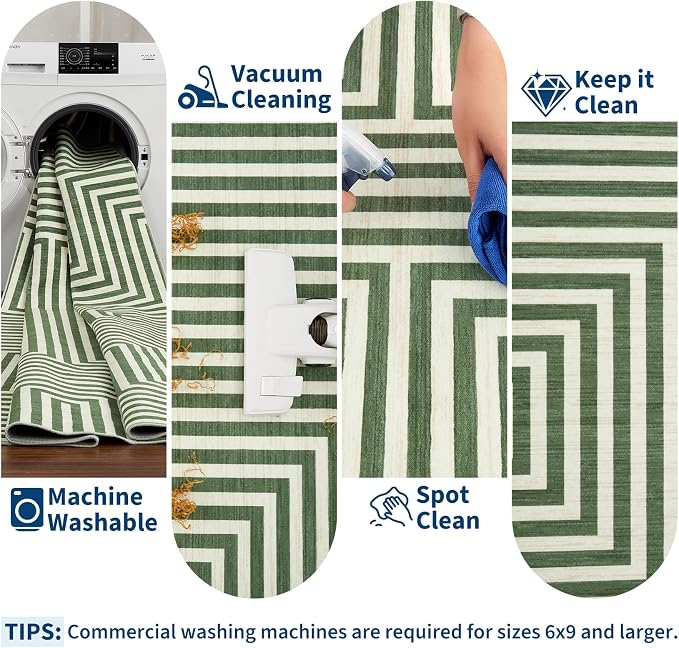 8x10 Washable Large Rug for Living Room Neutral Modern Geometric Lines Rugs for Dining Kids Room Playroom Low Pile Soft Bedroom Carpet Thin Foldable Modern Abstract Rug, Green