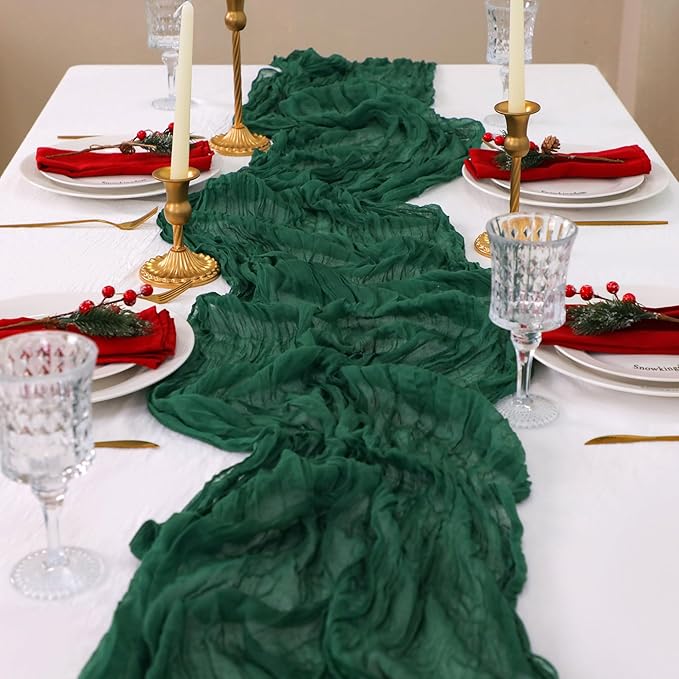 Snowkingdom Emerald Green Table Runner 120 Inch 10 Ft Rustic Boho Dark Green Cheese Cloth Runner for Wedding Bridal Baby Shower Birthday Party Christmas Sheer Gauze Home Table Centerpiece Deocrations