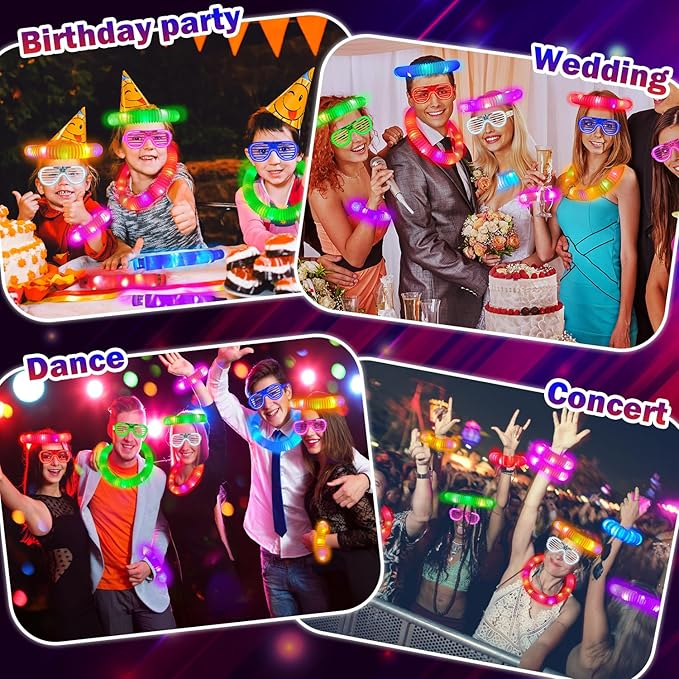 Glow in the Dark Party Favor Supplies for Kids 24 PCS, Christmas Glow Sticks & Neon Glasses Stocking Stuffers for Toddler, LED Light Up Toy Bracelet Necklace Accessories for Xmas New Year Eve Birthday
