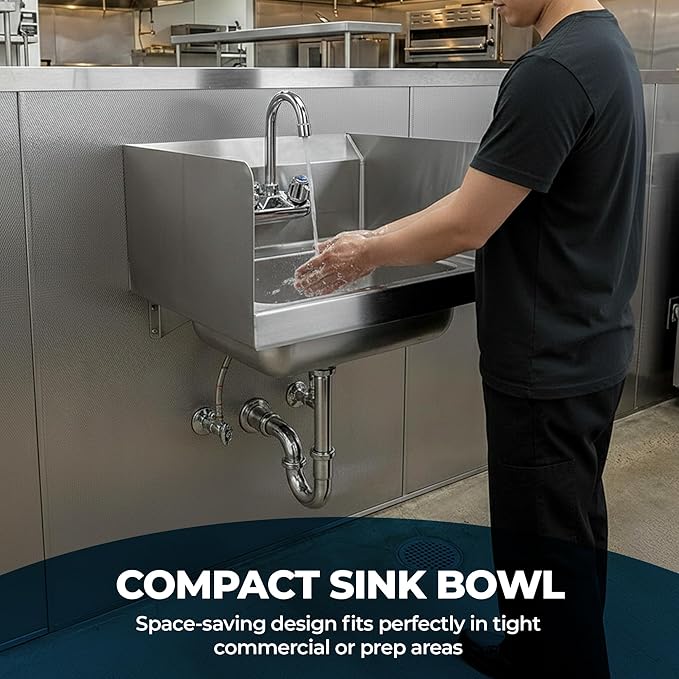 Express KitchQuip 15" x 17" Stainless Steel Wall Mount Hand Sink with Gooseneck Faucet & Side Splash – NSF Certified Commercial Handwashing Basin