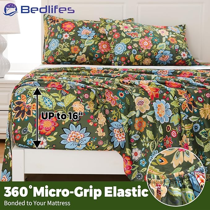 Bedlifes Full Floral 4-Piece Sheet Set - Cooling Sheets Blend Rayon Derived from Bamboo,Soft & Breathable, Deep Pocket 16", Wrinkle Resistant - Vibrant Boho Floral Dark Green