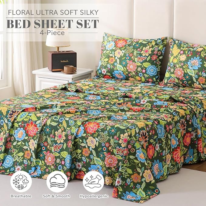 Bedlifes Twin Sheet Set Ultra Soft, Breathable, Silky Flower Deep Pocket 100% Microfiber Bedding, 3 Piece Twin Size with Floral Dark Green