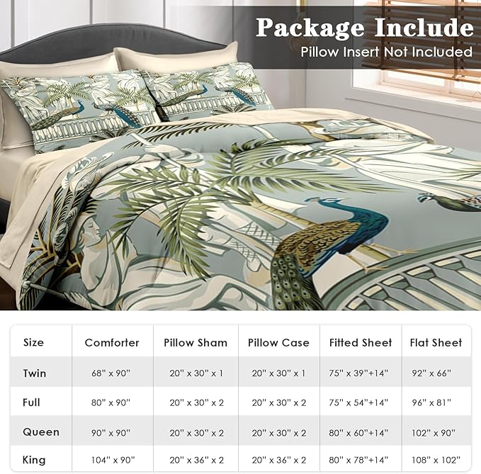 Comforter Set Full Size, Peacock Bird Animal 7 Pcs Bedding for Kids and Adults, Floral Botanical Grey Green Bed Sheet Sets with Fitted Sheet 2 Pillowcase & 2 Sham for Bedroom Bed Decor