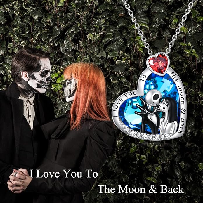 LILALO Christmas Gifts Nightmare Necklace Sterling Silver Abalone Shell Crystal Jack and Sally Necklace Jack Skellington Skull Jewelry Skull Necklaces for Women