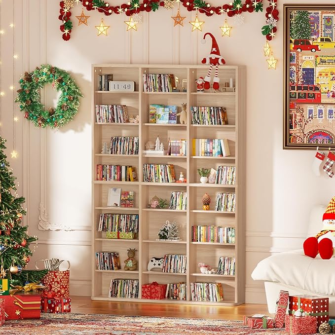 LELELINKY 8 Tier Tall Display Cabinet, Natural Media Storage Cabinet with Adjustable Shelves, Free Standing DVD Organizer Shelf, Floor multimedia storage manga bookshelf for Living Room & Home Office.