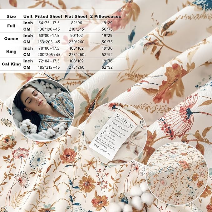 Zusbest Full Sheets Set 100% Percale Cotton - Boho Floral Botanical Printed Bedding with Deep Pocket 17.5'', Vintage Burnt Orange & Teal Design, 4-Piece Soft Breathable Sheets