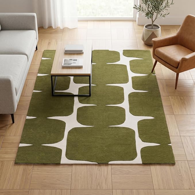 Restoration and Renovation Modern Wool Area Rug - Contemporary Abstract Geometric Design, Thick & Soft Hand-Tufted Carpet - Ideal for Indoor Decor in Living Room, Bedroom (Olive Green, 5' x 8')