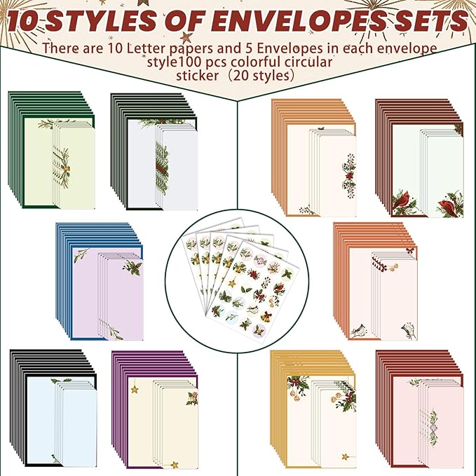 EggSun 250Pcs Christmas Stationery Paper and Envelope Set with 100 Letterhead Papers and 50 Envelopes, 10 Design for Letter Writing Invitations Computer Holidays Party Notes, 8.5x11 Inch-Holy