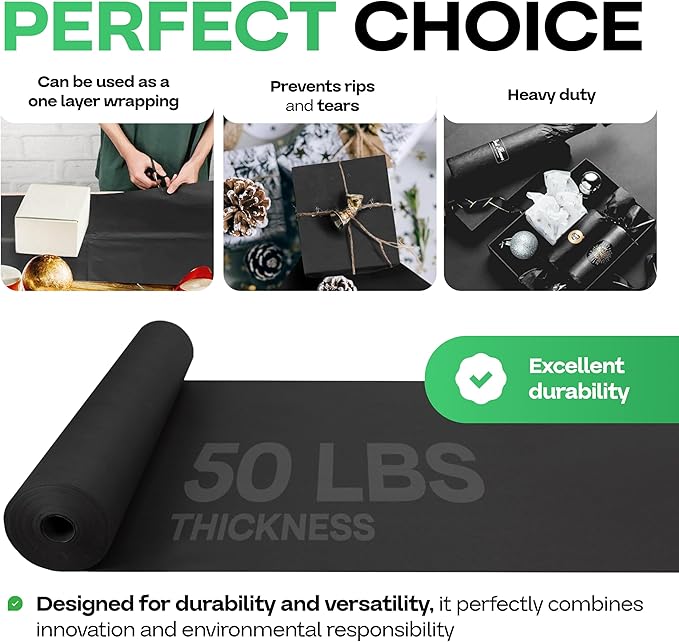 Black Paper Roll 48" x 2160" (180 feet) - USA-Made 50lb Thick Kraft Paper for Packing, Moving, Shipping, Wrapping, Crafts, Arts, Birthday Party - 100% Recycled Gift Wrap Material by IDL Packaging