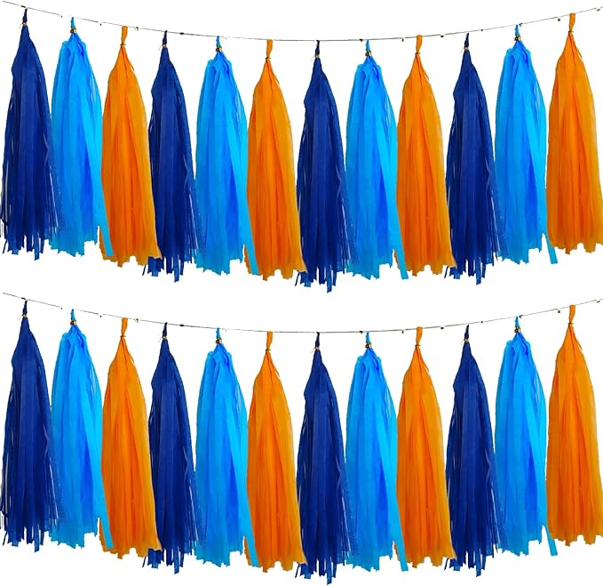 We Moment Navy Blue and Orange Tassel Garland Banner Paper Tassels for Birthday Party Decorations,Pack of 15