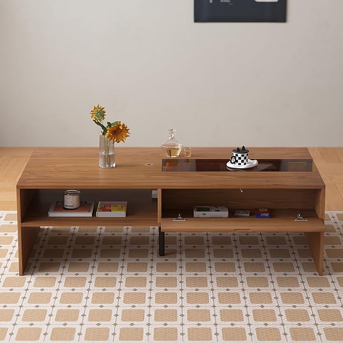 NessCarsti Coffee Table with LED Lights, 51" Modern Rectangular Living Room Center Table with Storage Shelves & Hidden Compartment, Stylish Tea Table for Apartment, Home, Office