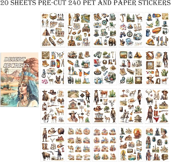Auguro Egypt Travel Scrapbook Stickers 20 Sheets 240 Pre-Cut Washi Stickers PET Transparent Desert Book Sticker for journaling Decorative or DIY Paper Crafts Arts and Crafting Projects
