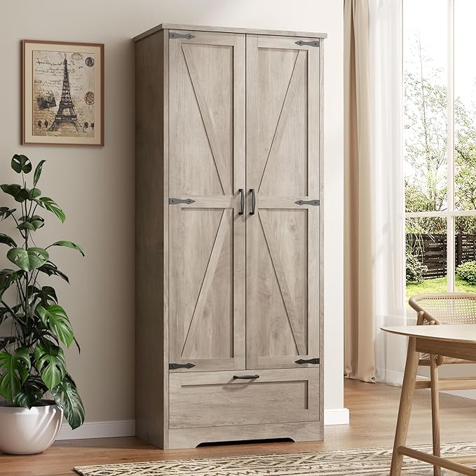 Vongrasig Kitchen Pantry Storage Cabinet with Barn Doors, Drawer and Adjustable Shelves, 4-Tier Tall Rustic Wood Cupboard Locker for Kitchen, Dining Room, Living Room, Bathroom, Rustic Grey