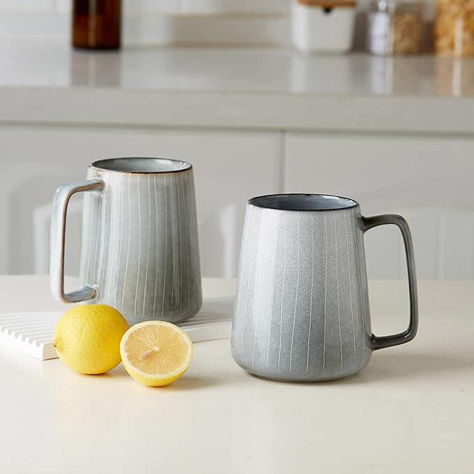 HYTYSKAR 24 OZ Extra Large Ceramic Coffee Mug, with Spoon and Wooden Lid, Big Tea Cups with a Large Handle for Office and Home, Microwave and Dishwasher Safe (24 oz Grey Set)