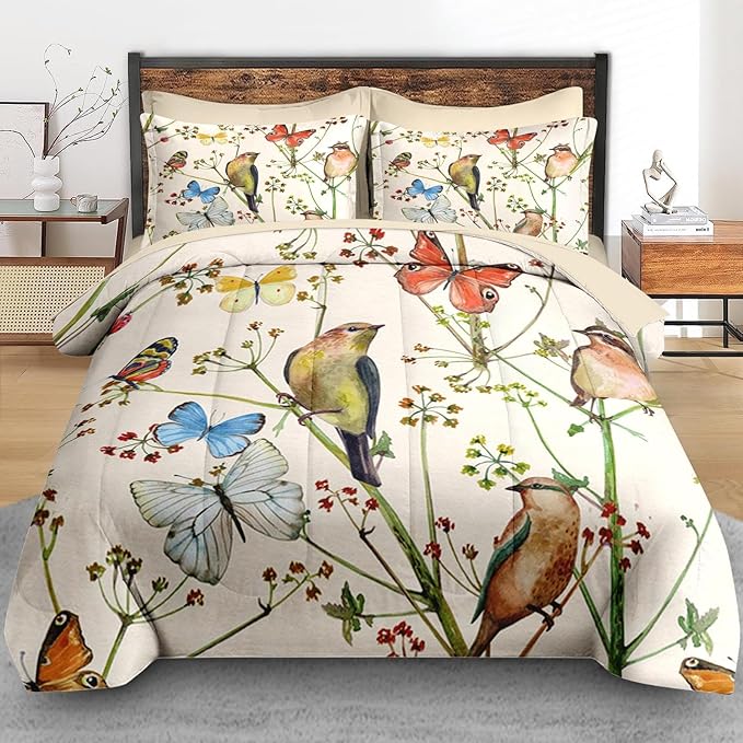 Comforter Set Twin Size, Vintage Birds Butterfly Colorful 5 Pcs Bedding for Kids and Adults, Floral Beige Spring Bed Sheet Sets with Fitted Sheet Pillowcase & Sham for Bedroom Bed Decor