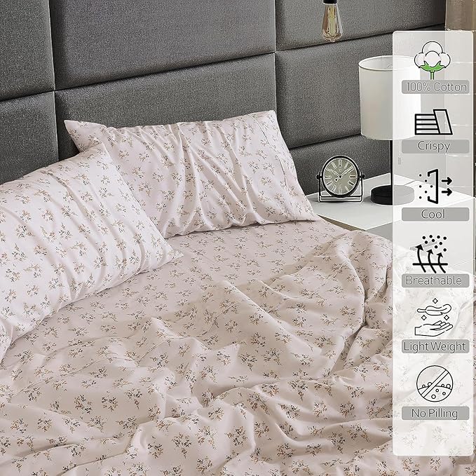 RUVANTI 100% Cotton Twin XL Sheet Sets, 3 Pieces, Soft & Breathable Percale Weave Bedding, Deep Pocket 16", Hotel Standard, Crisp Cool Feel, Durable, Perfect Size Floral Sheets, Twin Spring
