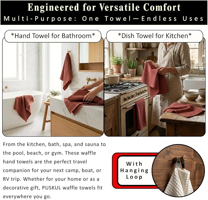 PÜSKÜL Natural 100% Turkish Cotton Waffle Kitchen Towels Set of 3 | Oeko-Tex, Premium Waffle Hand Towels for Bathroom | Soft Absorbent Quick-Dry Lint-Free Dish Towel Large 32x16 inch (3, Brick)