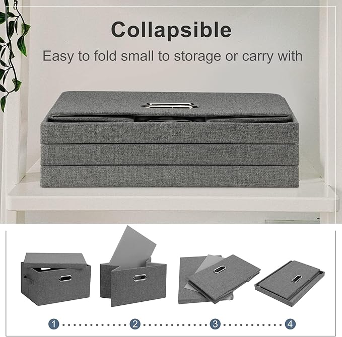 Medium 15" 21 Quart Collapsible Stackable Storage Bins with Lids, 1 Pack Gray Foldable Fabric Closet Storage Boxes with Lids, 4 Handles Heavy-duty Linen Cube Baskets for Bedroom