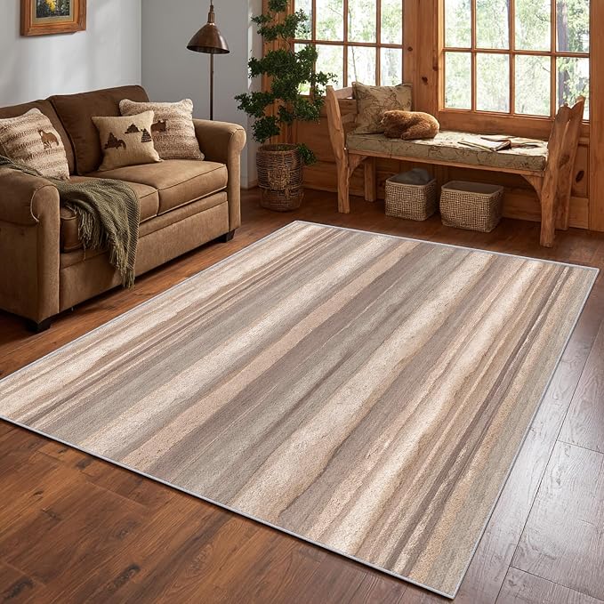 Natural Stripe Rustic Area Rug, Beige Brown Pattern Carpet, Washable Non Slip Low Pile Soft Thin, Living Room Bedroom Dining Room Home Decor Mat 5x6ft