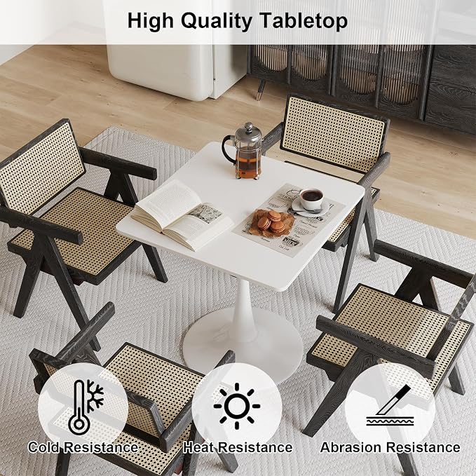 White Square Tulip Table for 2 Person, 24 Inch Small Dining Table with Metal Pedestal Base for Kitchen, Mid Century Modern Table with Round Corners for Living Room, Cafe, Office, Pub, Bar, Bistro