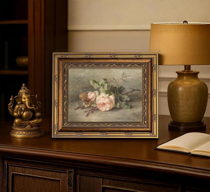 Vintage Gold Framed Flower Still Life Wall Art Retro Rose and Wildflower Wall Decor Pink Floral Print artwork Farmhouse Country Flower painting Picture for Gallery Kitchen Living Room Bedroom 12X16in