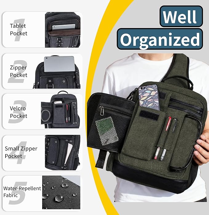 Schkleier Messenger Bag for Men Canvas Sling Bag Crossbody Backpack Laptop Shoulder Bag Hiking Daypacks Casual Tactical