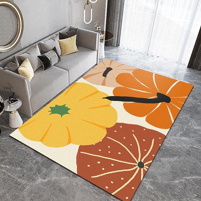 Cartoon Pumpkin Large Area Rug, Autumn Harvest Pumpkin Non Slip Print Rugs, Soft Machine Washable Carpet for Indoor Bedroom Living Room Office Decor Rug - 5 ft x 6 ft