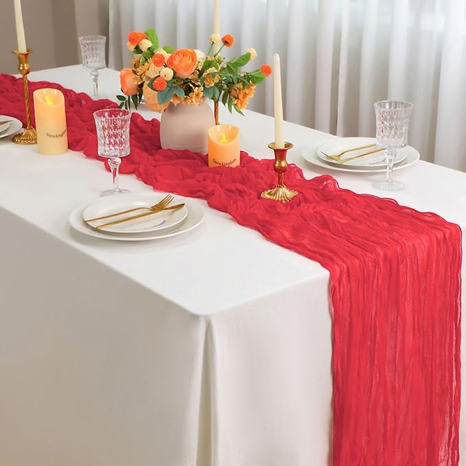 Snowkingdom 10 Ft Red Christmas Cheesecloth Table Runner, 120 inch Long Cheese Cloth Boho Gauze Sheer Runner for Wedding Bridal Baby Shower Birthday Sheer Holiday Table Decorations