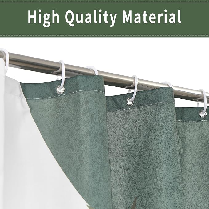 Boho Mid Century Shower Curtain, Green Modern Minimalist Abstract Geometric Gold Plant Leaves Sun Arch Bathroom Curtains Waterproof Fabric Buthtub Curtain Set with Hooks 48" Wx72 L