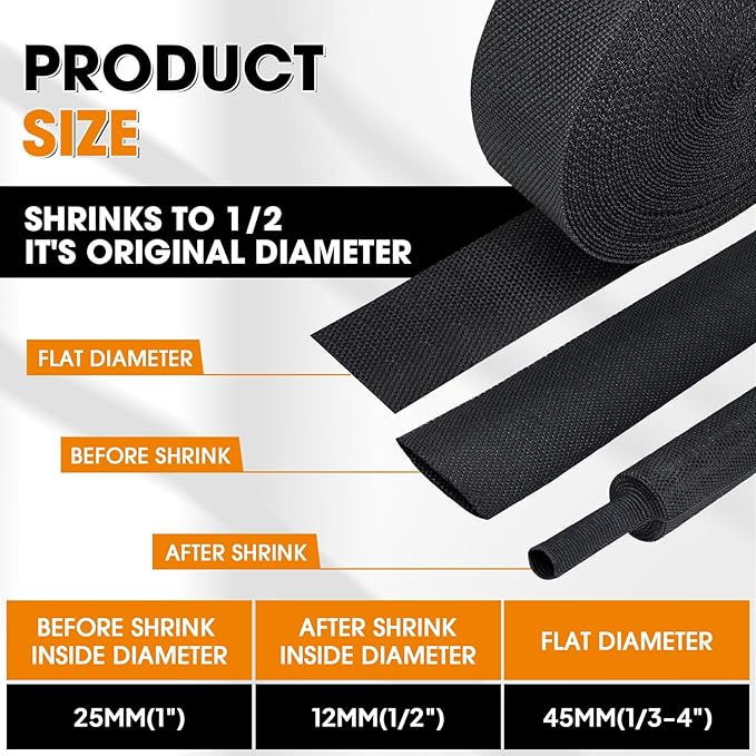 Black 2:1 Ratio Automotive Heat Shrink Braided Sleeving,Wear-Resistant Flat Woven Shrinkable Sleeve Fabric Car Cable Wires Hoses Protection (1"-35ft)