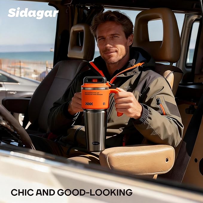 32 oz Stainless Steel Insulated Water Bottle with Handle, Sports Tumbler with Lid and Straw, Push-button Leak-proof Travel Cup, Fits in Car Cup Holder - Dynamic Orange