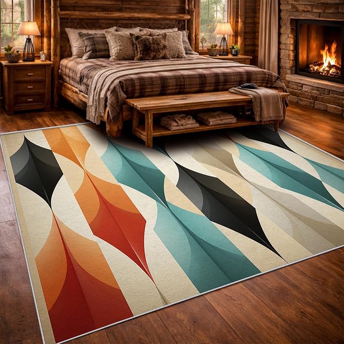 Mid Century Modern Area Rug 4x7, Washable Non Slip Low Pile Abstract Geometric Carpet for Living Room Bedroom Dining Room, Contemporary Retro Accent Rug, Ivory Teal Orange Black