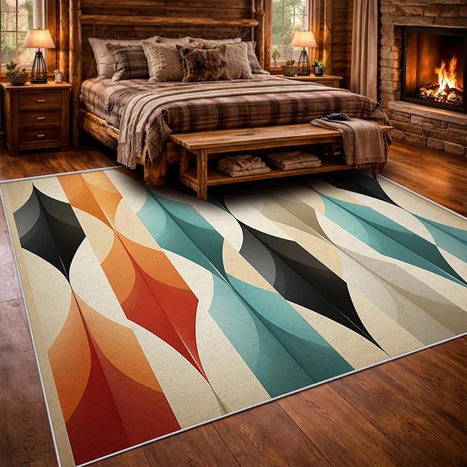 Mid Century Modern Area Rug 7x8, Washable Non Slip Low Pile Abstract Geometric Carpet for Living Room Bedroom Dining Room, Contemporary Retro Accent Rug, Ivory Teal Orange Black