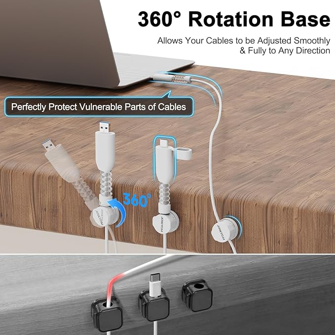 6 Desktop Cord Organizer Magnetic Spring Cable Clips Rotatable Cord Holder 2 Charging Cord Protecors for Nightstand Phone Charger Organizer Computer Desk Cable Management Appliance Adhesive Wire Strap