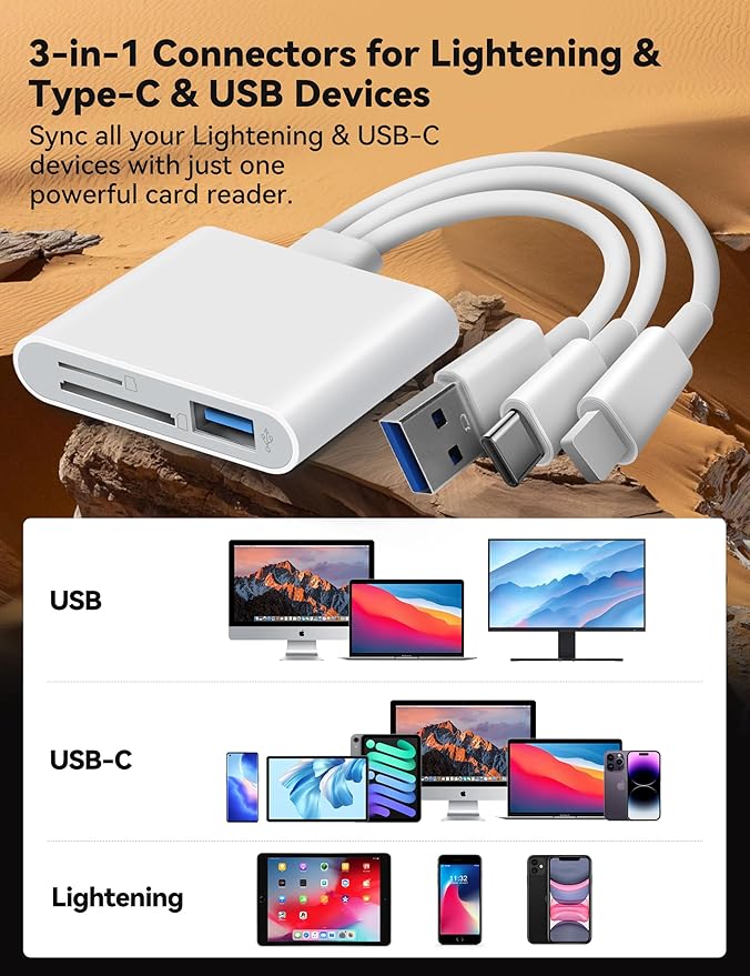 SD Card Reader for iPhone iPad Laptop 3-in-1 Connectors Memory Card Adapter with Dual Slots & USB Port Trail Game Camera Viewer for iPhone Mac MacBook Android Laptop White