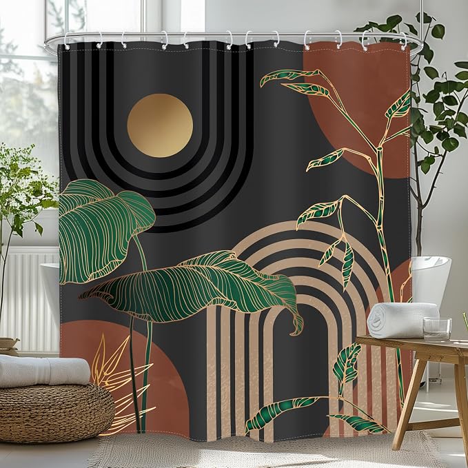 Glawry Brown Abstract Shower Curtain Boho Retro Tropical Palm Tree Leaves Bathroom Minimalist Aesthetic Modern 72Wx96L Inches Bath Accessories Art Home Decor Fabric 12 Pack Hook