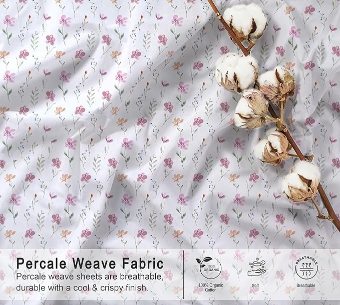 RUVANTI 100% Organic Cotton Sheets Twin XL, Percale Weave, GOTS Certified, 3-Piece Set, Deep Pocket 15", Crisp & Breathable, Soft Durable Bedding, Sábanas Algodón Orgánico – Obsessed Stems