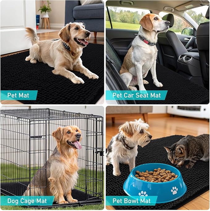 OLANLY Dog Door Mat for Muddy Paws 36x24, Absorbs Moisture and Dirt, Absorbent Non-Slip Washable Doormat, Quick Dry Chenille Mud Mat for Dogs, Entry Indoor Entryway Carpet for Inside Floor, Black