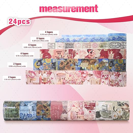 FTTELK 24 Rolls Vintage Washi Tape Set,Glitter Floral Decorative Adhesive Tape for Scrapbooking Supplies,Junk Journal,DIY Crafts,Planners and Gift Wrapping(Retro Medieval Series)