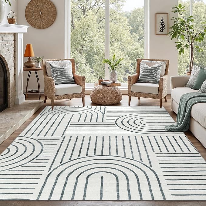 DCX Abstract Machine Washable 8x10 Rug, Gray Modern Accent Rug for Living Room, Soft Low Pile Non Slip Carpet, Kid & Pet Friendly Stain Resistant Rug for Bedroom Dining Room Office