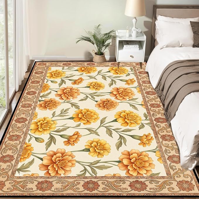 Marigold Floral Area Rug Vintage Boho Rug Bordered Non-Slip Washable Floor Mat for Bedroom Living Room Nursery Kitchen Playroom Home Decor,4'x6'