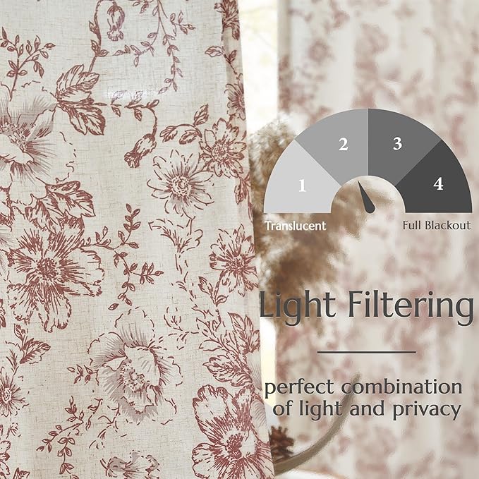 jinchan Linen Blend Curtain Floral Curtains for Living Room 84 Inch Length Christmas Brick Red Printed Curtain Rod Pocket Back Tab Farmhouse Peony Flower Patterned Drapes Curtains Set 2 Panels