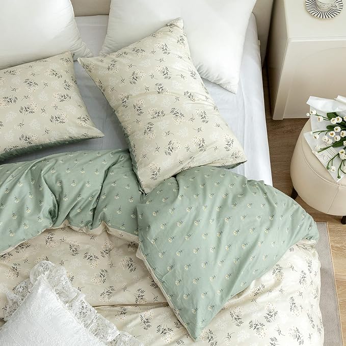 Floral Queen Comforter Set 3 Pieces Soft Chic Garden Style Green Floral Print Lightweight Botanical Flower Comforter Set for All Seasons 1 Comforter and 2 Pillowcases
