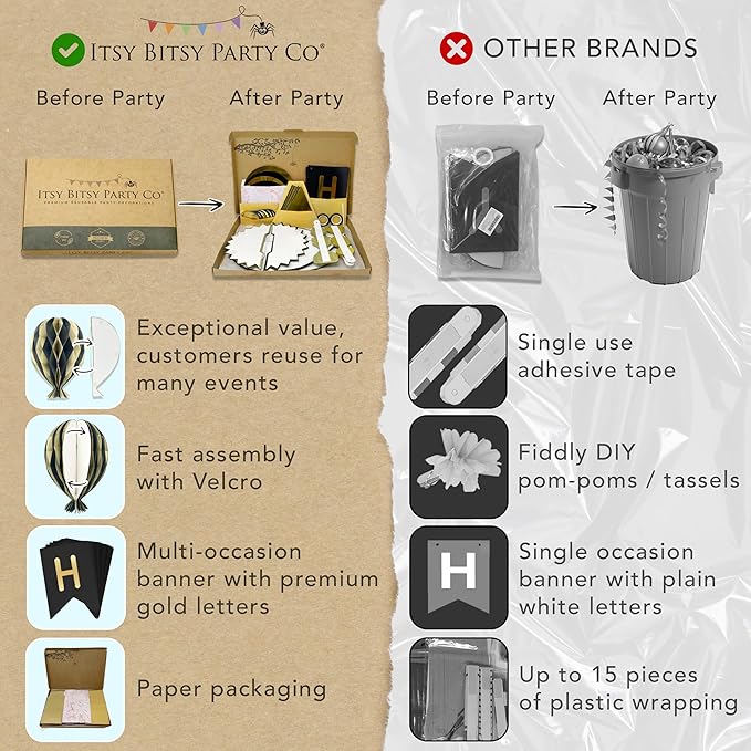 Premium Reusable New Years Decorations 2026 - Multi-occasion Happy New Year Banner also spells Happy Birthday, Fast Assembly with Velcro - NY Eve 2026 Party Supplies / Black and Gold Party Decorations