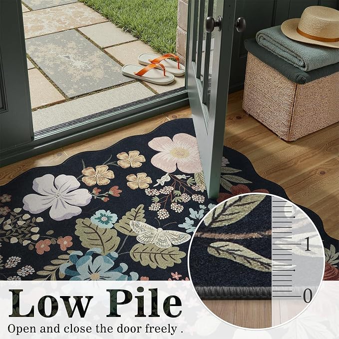 DCX Black Floral Rug 2x3, Washable Black Rug for Living Room, Kid & Pet Friendly with Rubber Back Non Slip, Soft Low Pile Carpet, Stain Resistant Rug for Bedroom, Nursery, Dining Room