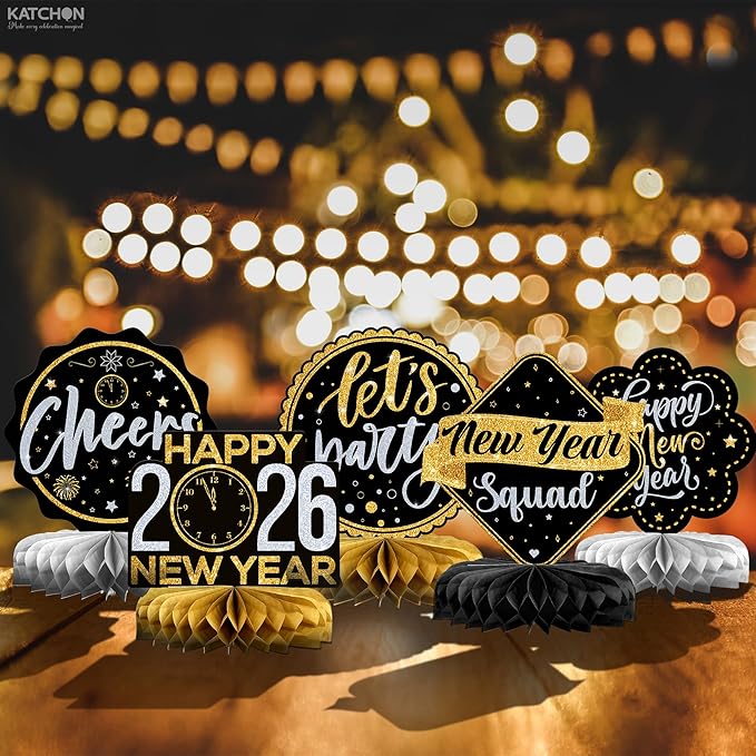 KatchOn, New Years Centerpieces For Tables - Pack of 9 | New Years Eve Party Supplies 2026 | Black and Gold Honeycomb for New Year Decorations 2026 | New Year Eve Party Decorations