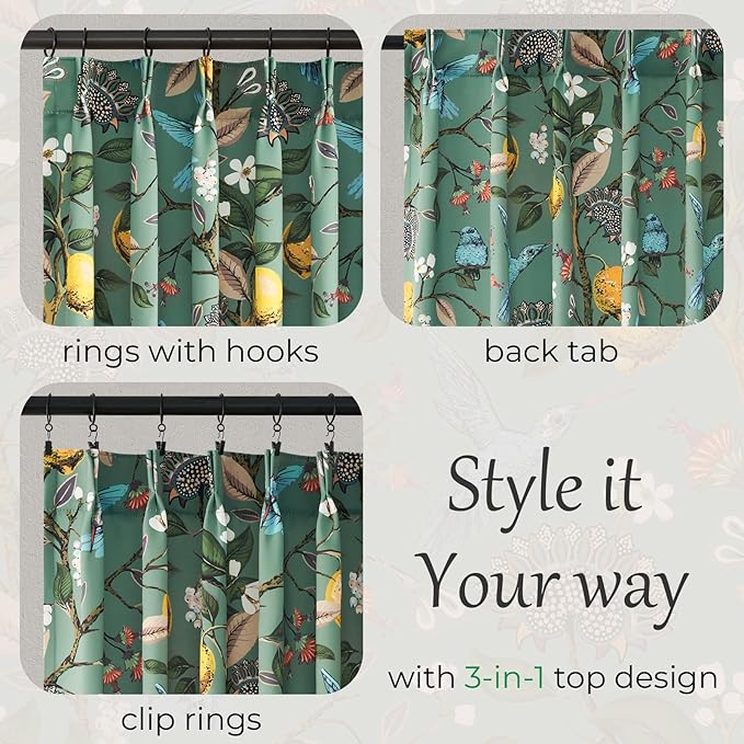 90 Inches Long Curtains 2 Panels for Living Room Botanical Hummingbird Luxury Whimsical Floral Printed Pinch Pleated Drapes for Bedroom Thermal Insulated Window Curtains Sage Green