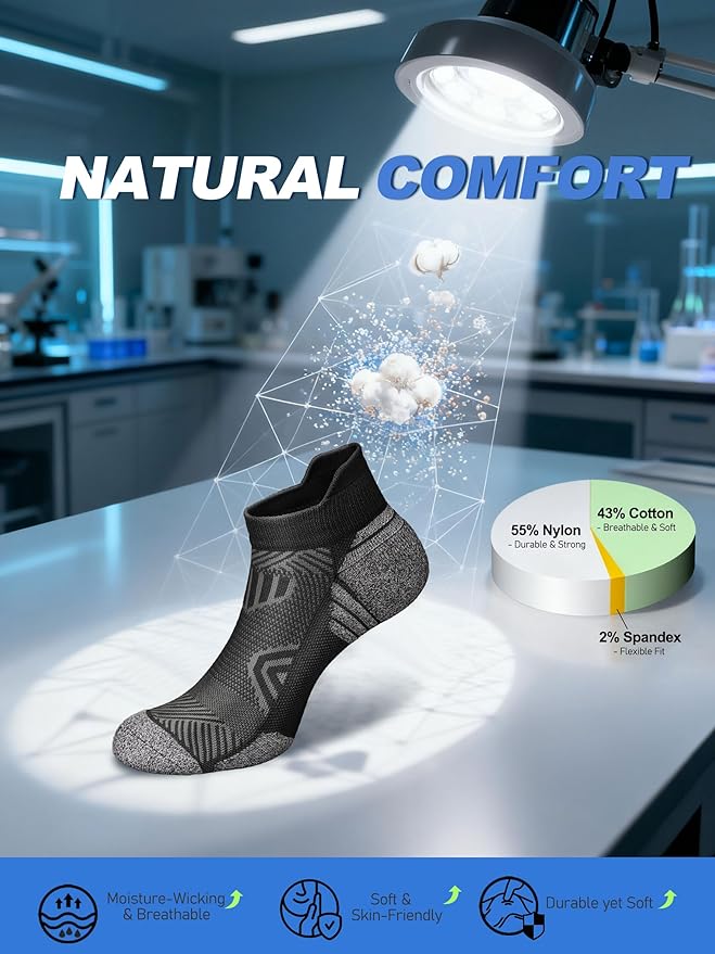 Cushioned Cotton Ankle Compression Socks for Men Women 6 Pairs Wicking Low Cut Arch Support Plantar Fasciitis Socks