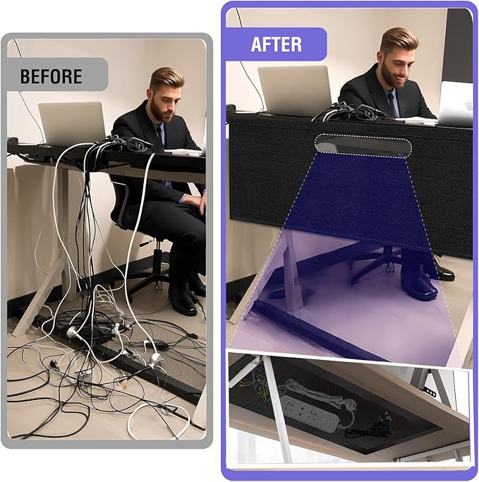 14.9 x 60 Inch Under Desk Privacy Panel with Table Cable Management Net Desk Skirt Modesty Desk Panel Self-Gripping Straps for Office and Home